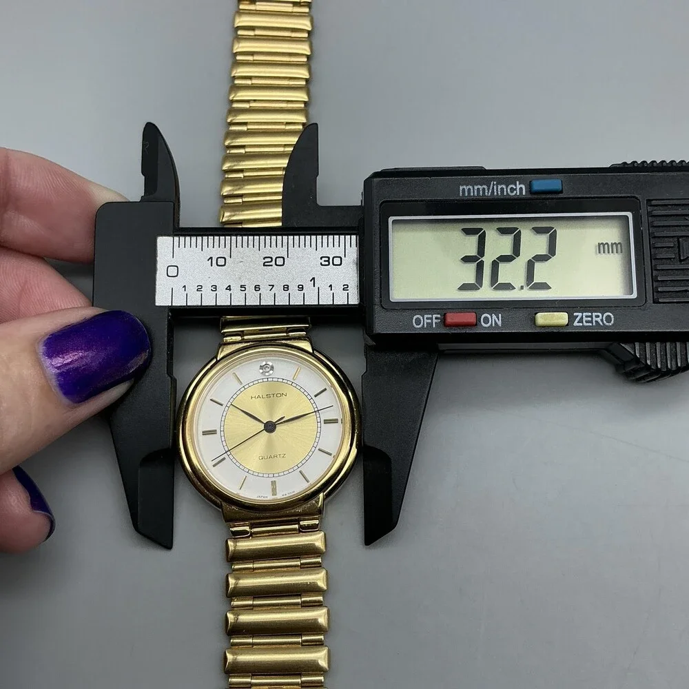 Vintage Halston Womens Watch 32mm Gold Tone White Dial Bracelet New Battery 8.5